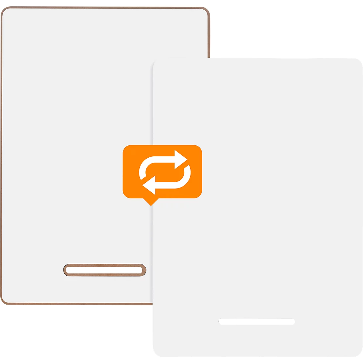Deux appareils blancs rectangulaires aux coins arrondis, avec un symbole de rafraîchissement orange.