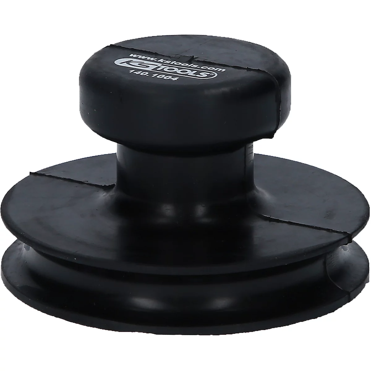 Schwarzer Saugnapf mit Griff, der auf einem weißen Hintergrund steht. Auf der Oberseite steht 'KS Tools'.