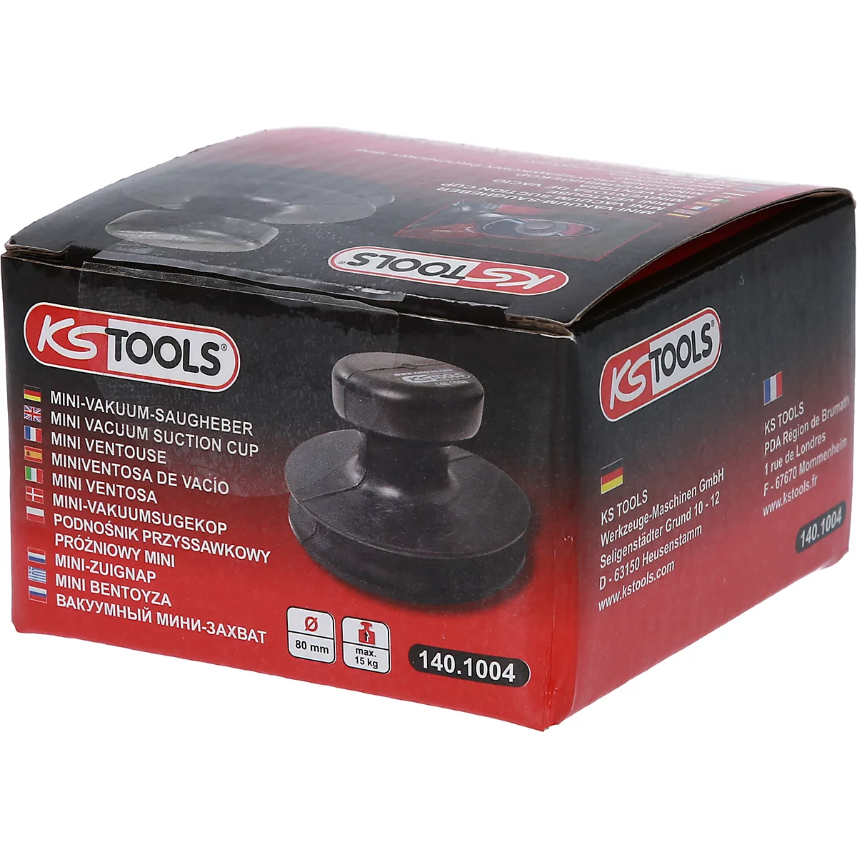 Schwarzer Mini-Vakuumsauger mit Kartonverpackung. Der Karton zeigt Produktnamen und das Logo "KS TOOLS".