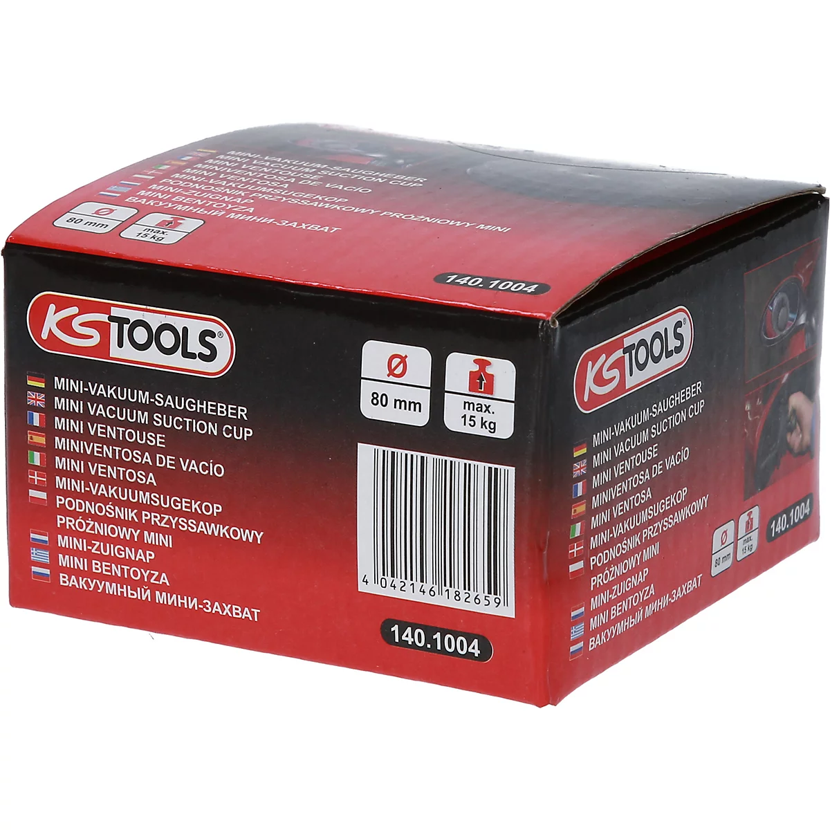 Der Karton eines Mini-Vakuumsaugers von KS TOOLS, rot-schwarz. Aufgedruckt sind verschiedene Sprachen, Produktbezeichnungen und technische Daten.