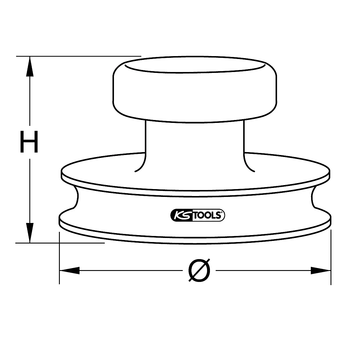 Draufsicht auf ein Werkzeug, das aus einem zylindrischen Griff und einer scheibenförmigen Basis besteht. Auf der Basis steht der Schriftzug 'KS TOOLS'.