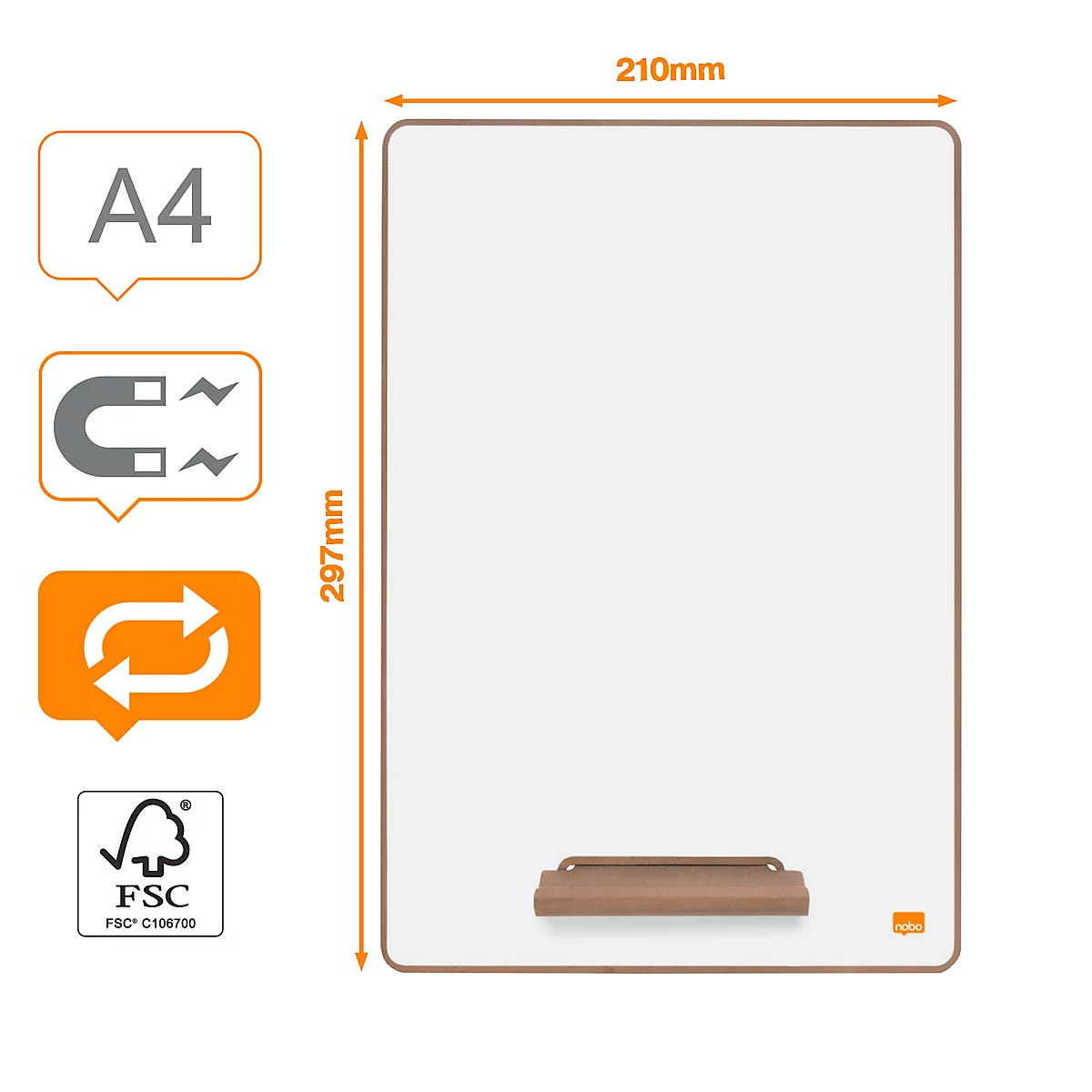 Mini-Whiteboard Nobo, Format A4, beidseitig nutzbar, magnethaftend, beschreibbar, abnehmbarer Ständer, Ablageschale, B 210 x T 5 x H 297 mm, weiß