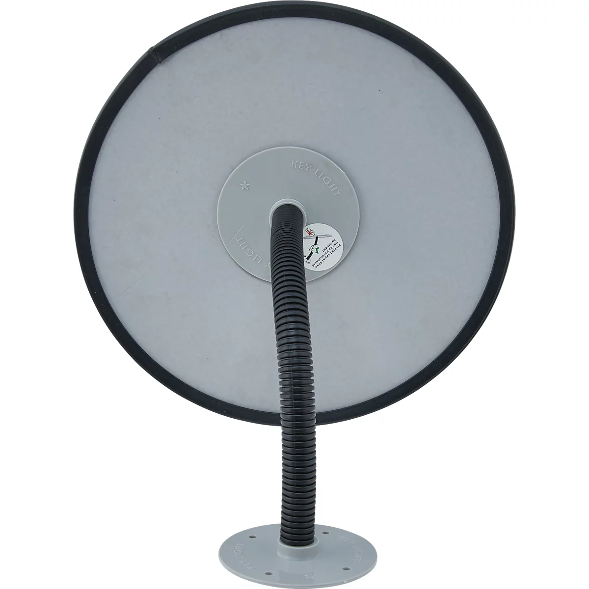 Vue arrière d'un miroir rond avec un bras flexible noir sur un socle gris.
