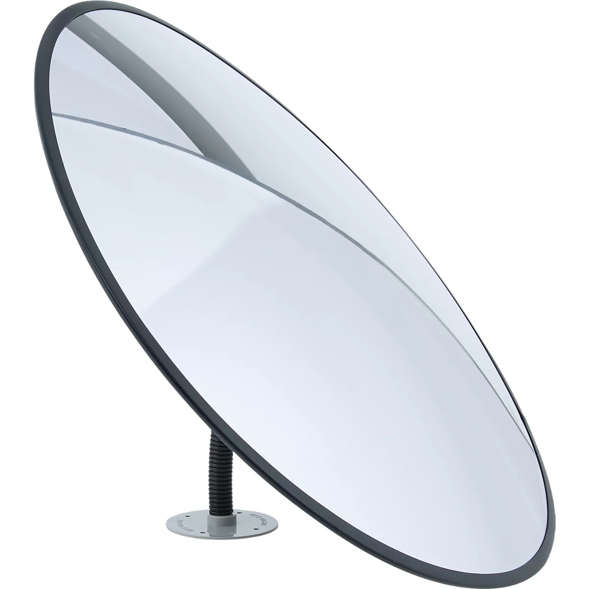 Un miroir de circulation rond et convexe avec un bord noir sur un support court et flexible, sur fond blanc.