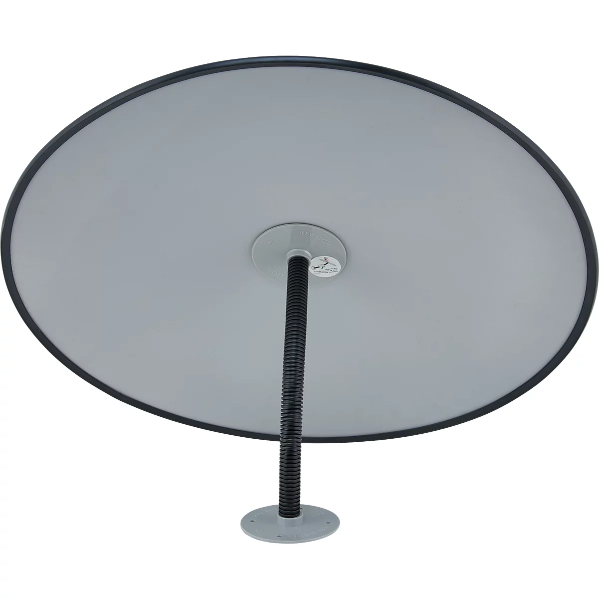 Disque réflecteur gris rond avec un bord noir, monté sur un col noir flexible avec une base grise.
