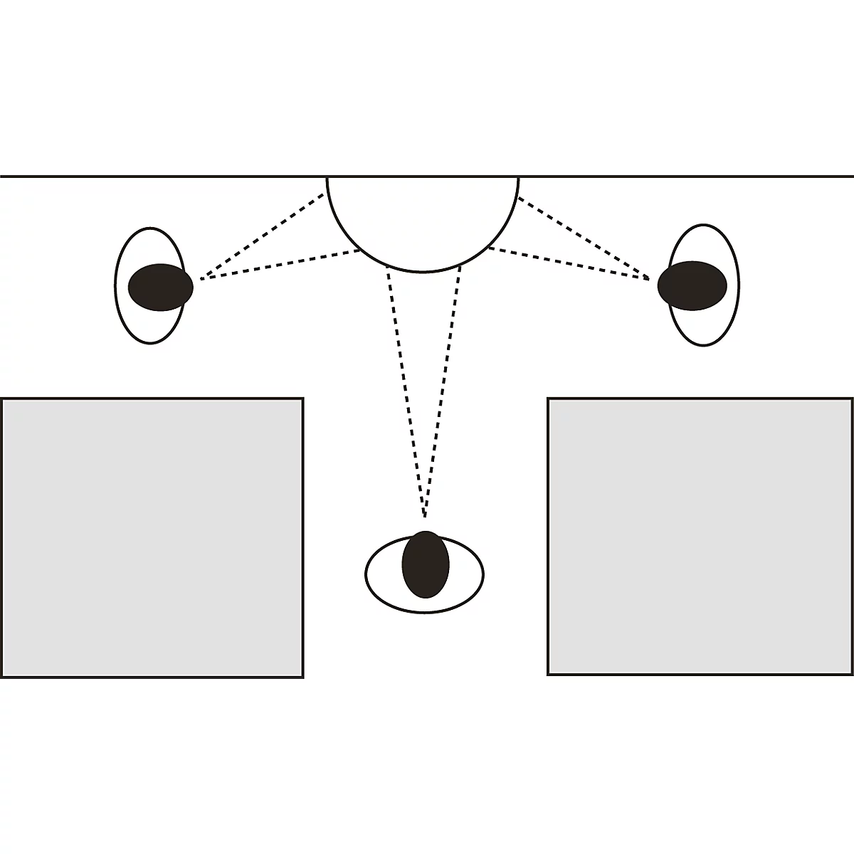 Vue de dessus schématique : Trois personnes face à un demi-cercle central. Deux carrés gris encadrent la scène.