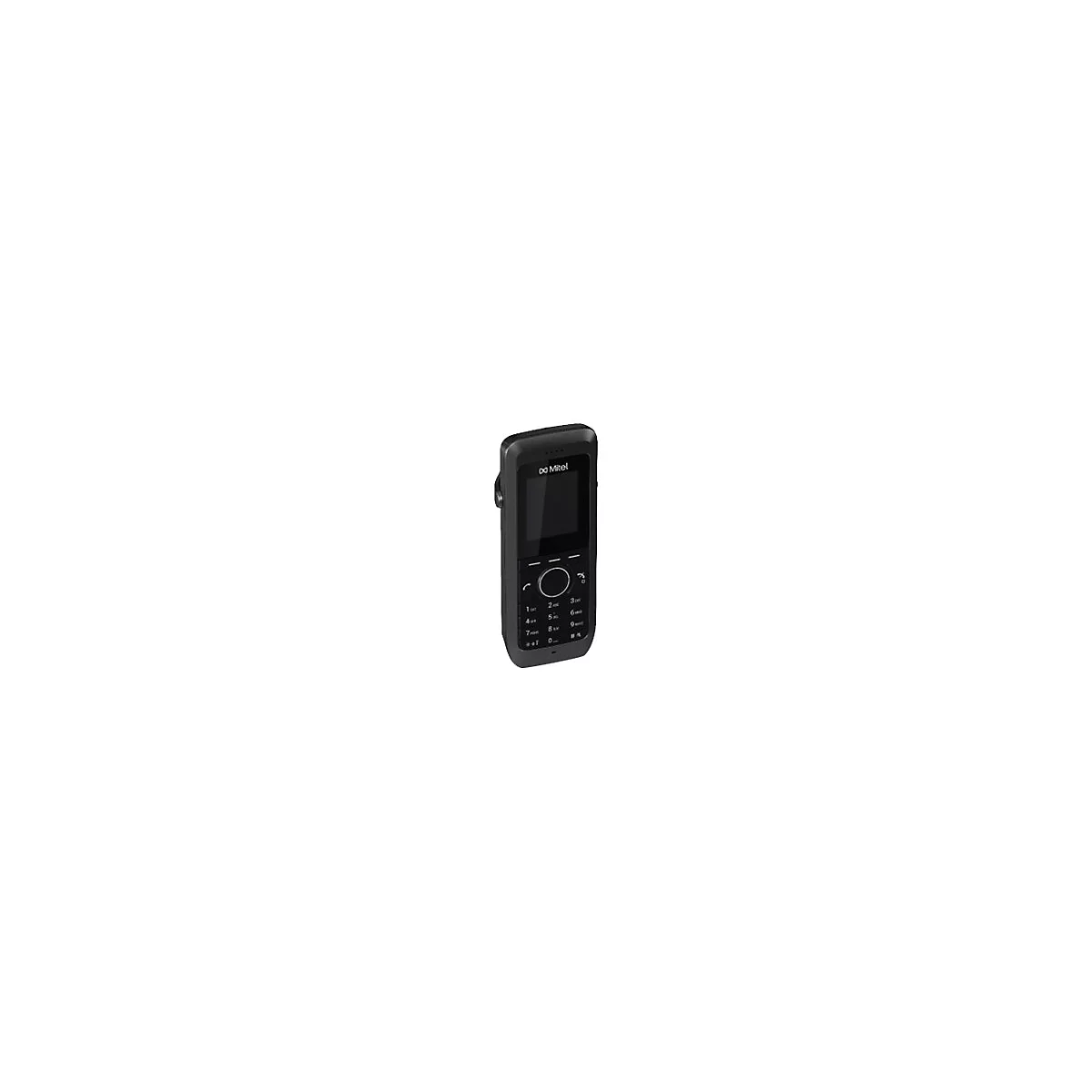 Schwarzes schnurloses DECT-Telefon von Mitel mit Display und Zifferntasten vor weißem Hintergrund.