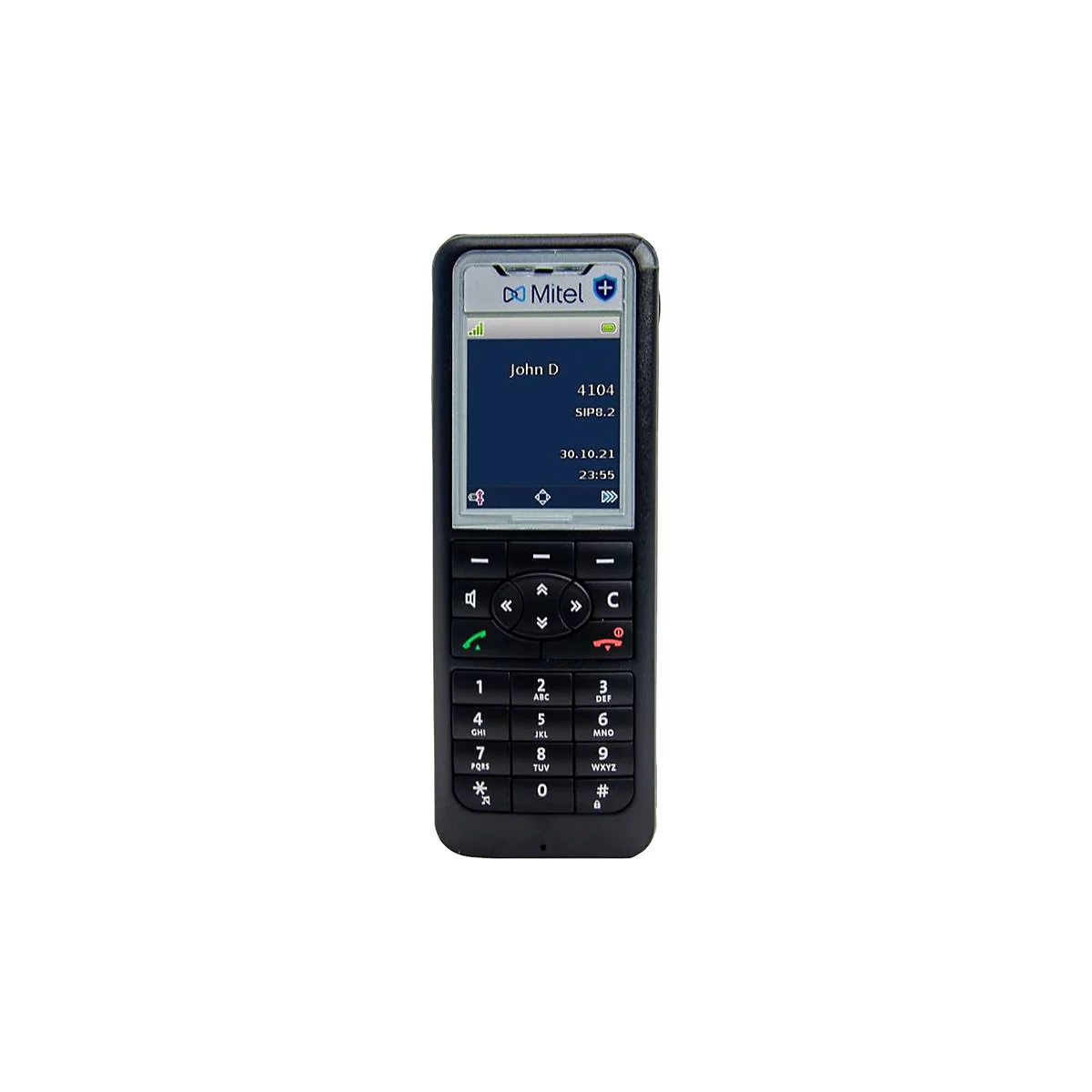Ein schwarzes Mobiltelefon mit Tasten und einem Bildschirm, der ein eingehendes GesprÃ¤ch anzeigt. Das Display zeigt 'John D' und weitere Informationen.