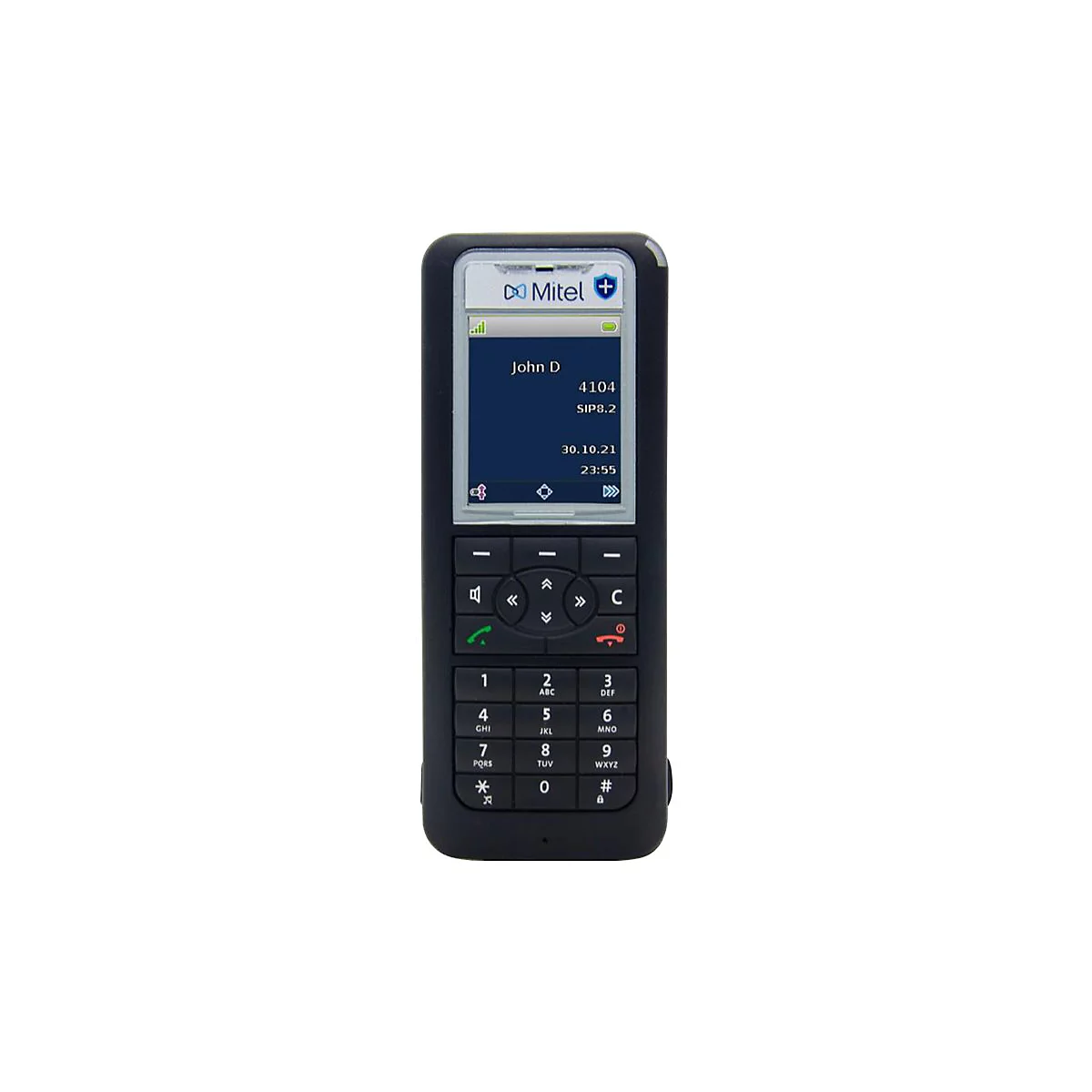 Schwarzes Mitel DECT-Telefon mit beleuchtetem Display, Tastatur und Statusanzeigen vor weißem Hintergrund.