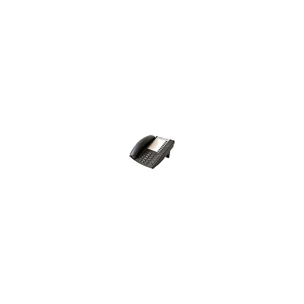 Schwarzes Bürotelefon mit Tastenfeld und Hörer auf weißem Hintergrund.