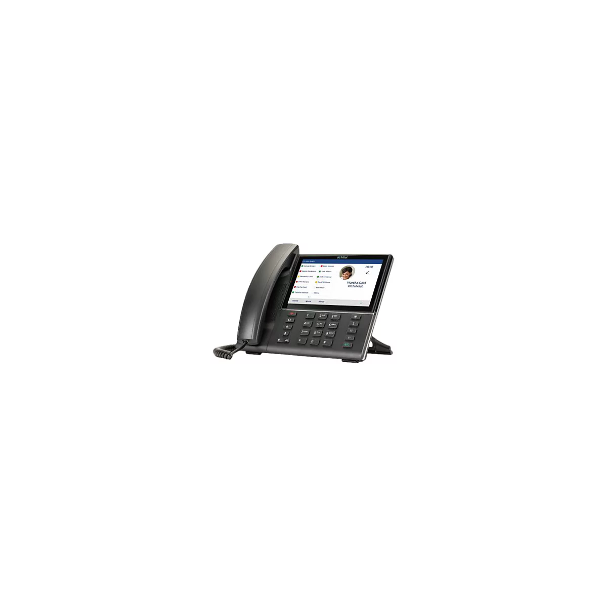 Schwarzes Mitel-IP-Telefon mit großem Touch-Display, das einen eingehenden Anruf von Martha Gold anzeigt.