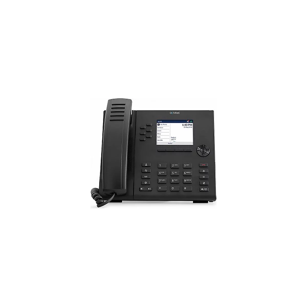Schwarzes Mitel-IP-Telefon mit Display, Ziffernblock und Hörer vor weißem Hintergrund.