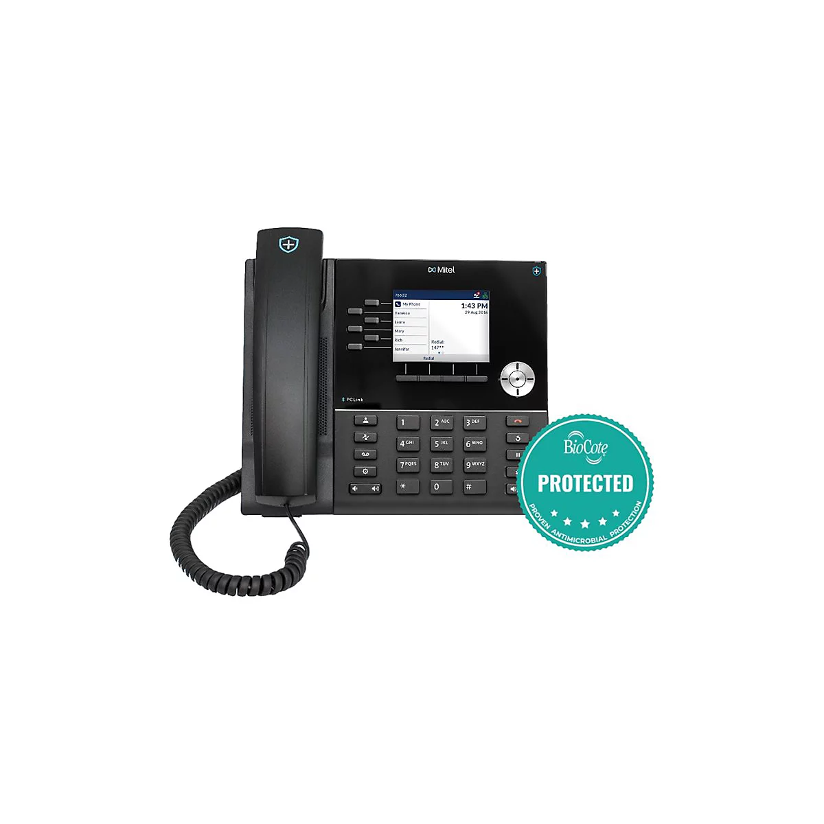 Schwarzes Mitel-IP-Telefon mit Display, Tastatur und BioCote-Siegel für antimikrobiellen Schutz.