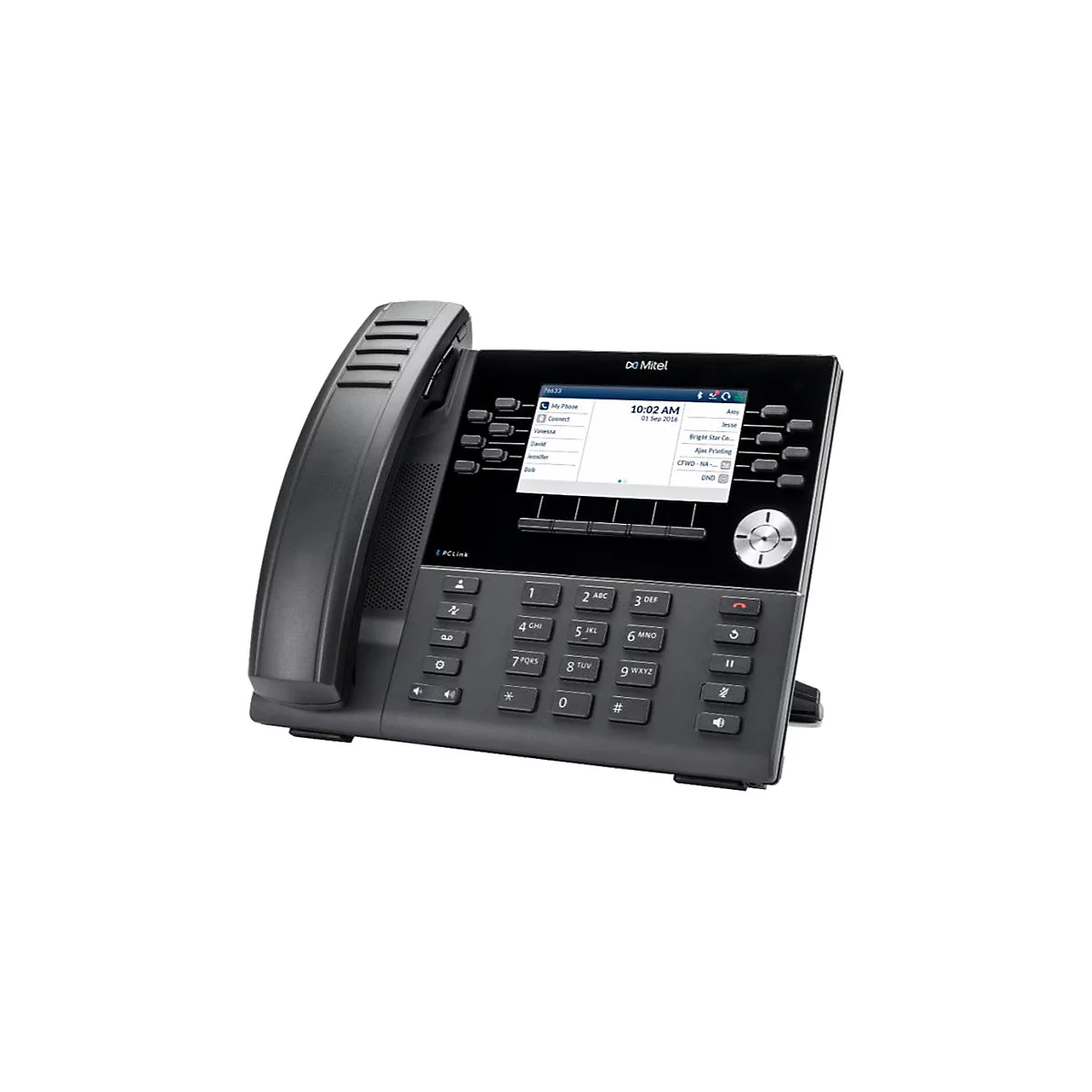 Schwarzes Mitel-IP-Telefon mit Display, Tastenfeld und Hörer auf weißem Hintergrund.