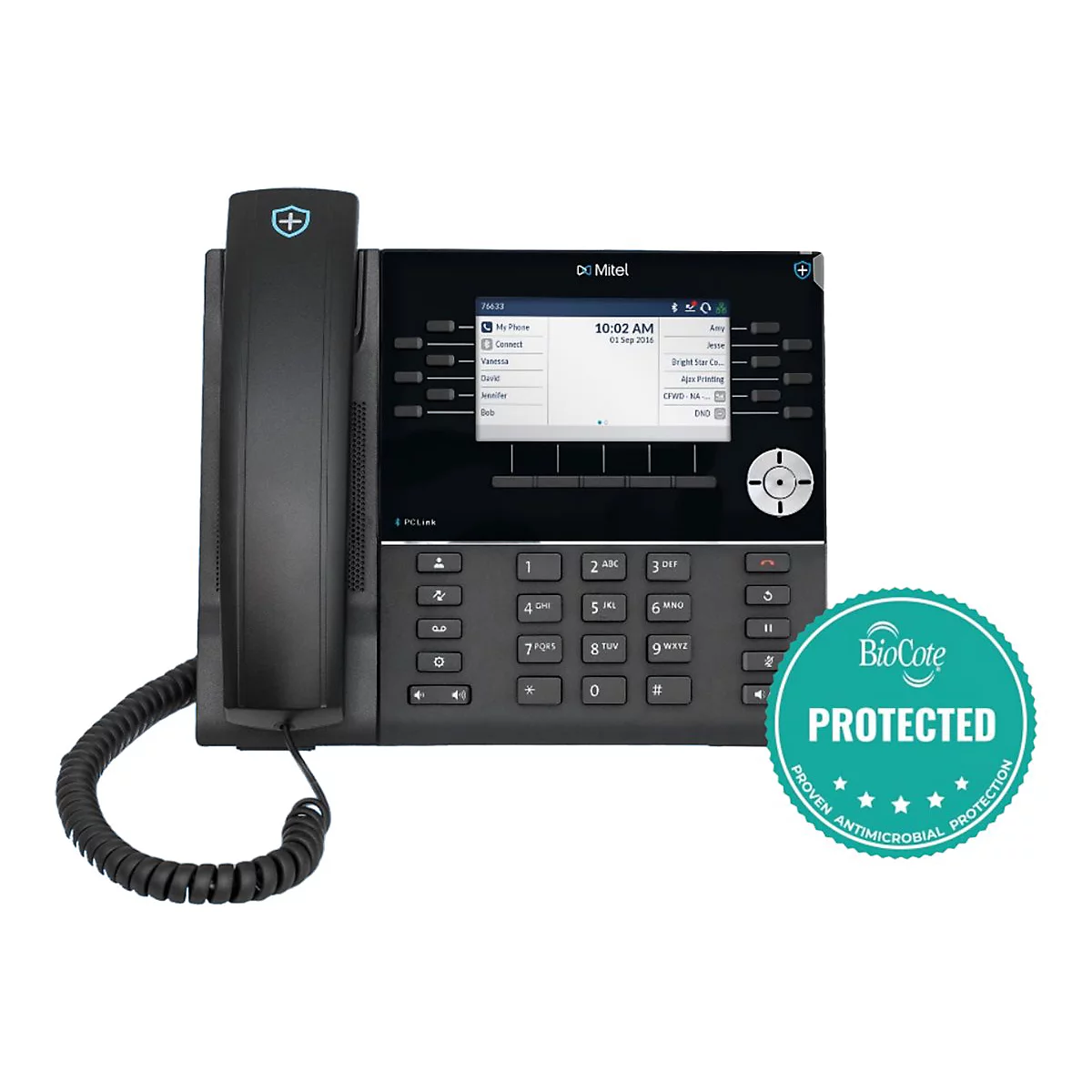Schwarzes Mitel-IP-Telefon mit Display und Hörer, ausgestattet mit einer BioCote-Schutzschicht gegen Mikroben.