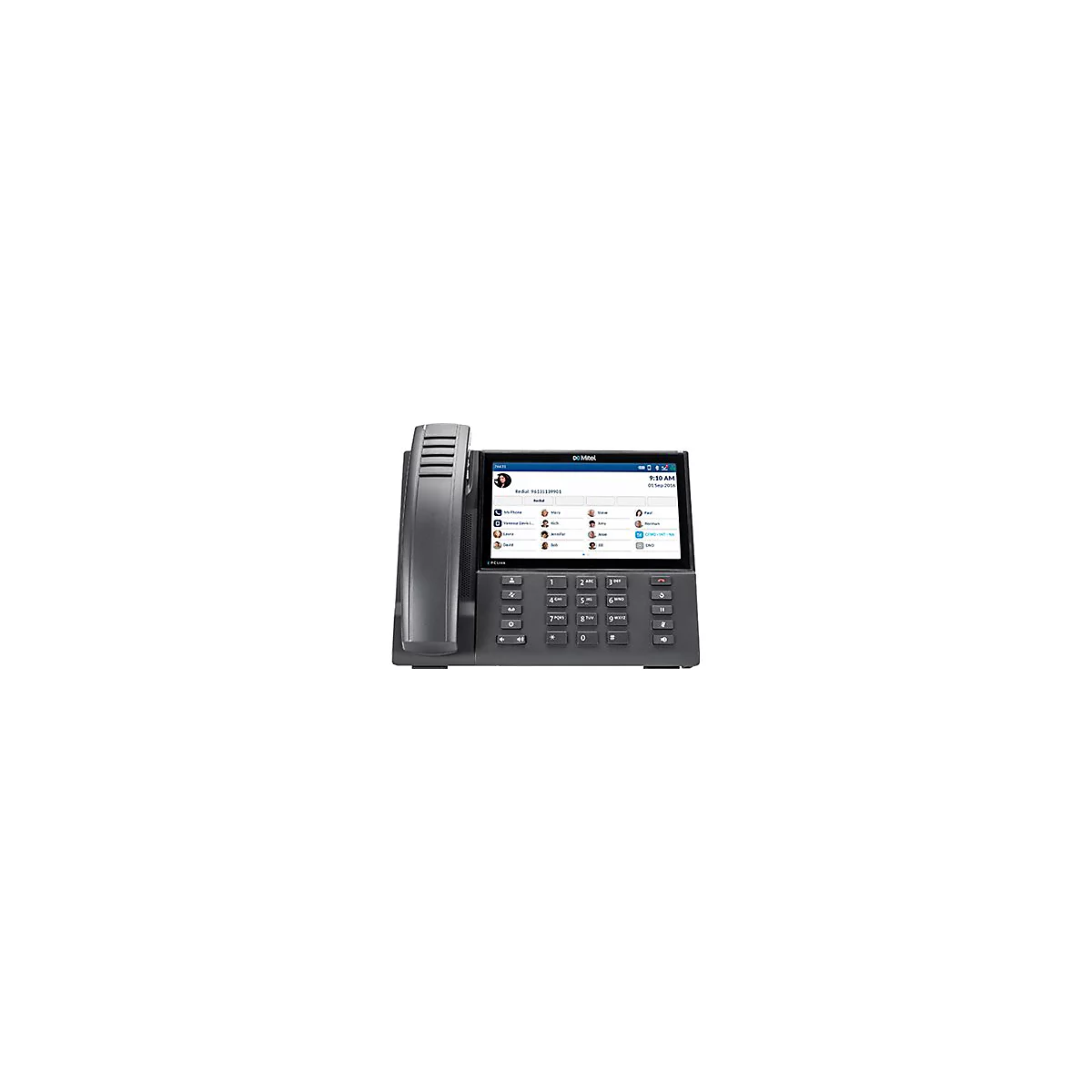 Schwarzes Mitel-IP-Telefon mit Touchscreen-Display, Ziffernblock und Hörer vor weißem Hintergrund.