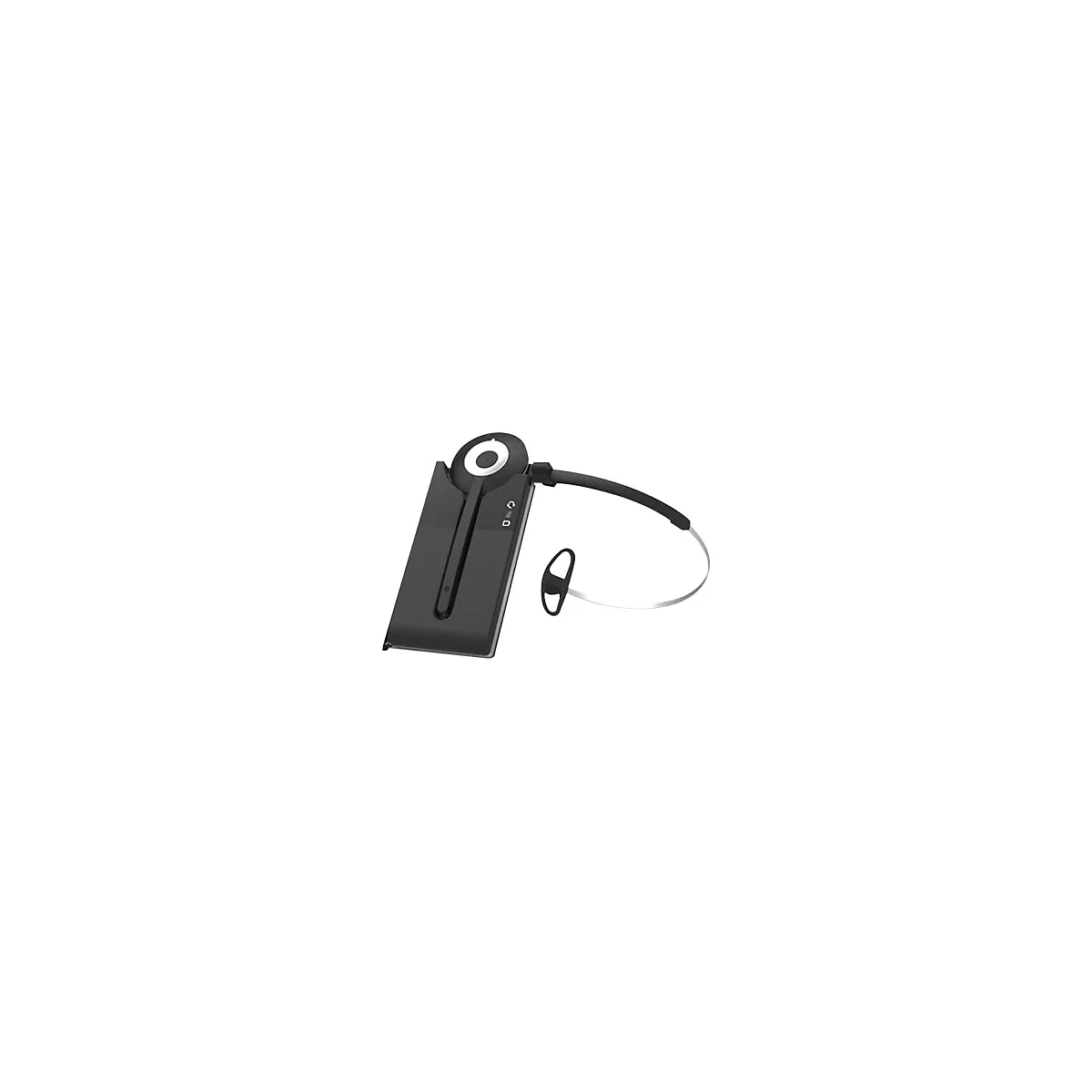 Schwarzes Headset mit rechteckigem Gehäuse und Ohrenbügel vor weißem Hintergrund.