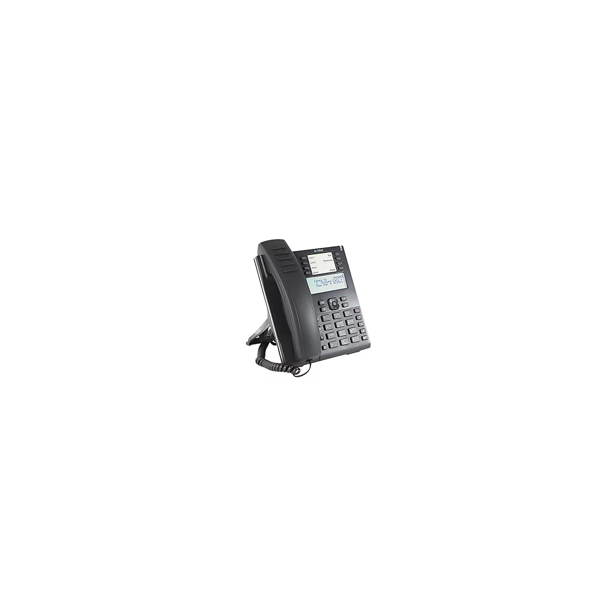 Schwarzes Mitel-IP-Telefon mit Display, Hörern und Tastenfeld vor weißem Hintergrund.