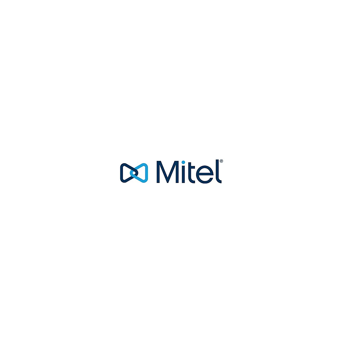 Blaues Firmenlogo von Mitel mit abstraktem Symbol aus zwei ineinandergreifenden Dreiecken.