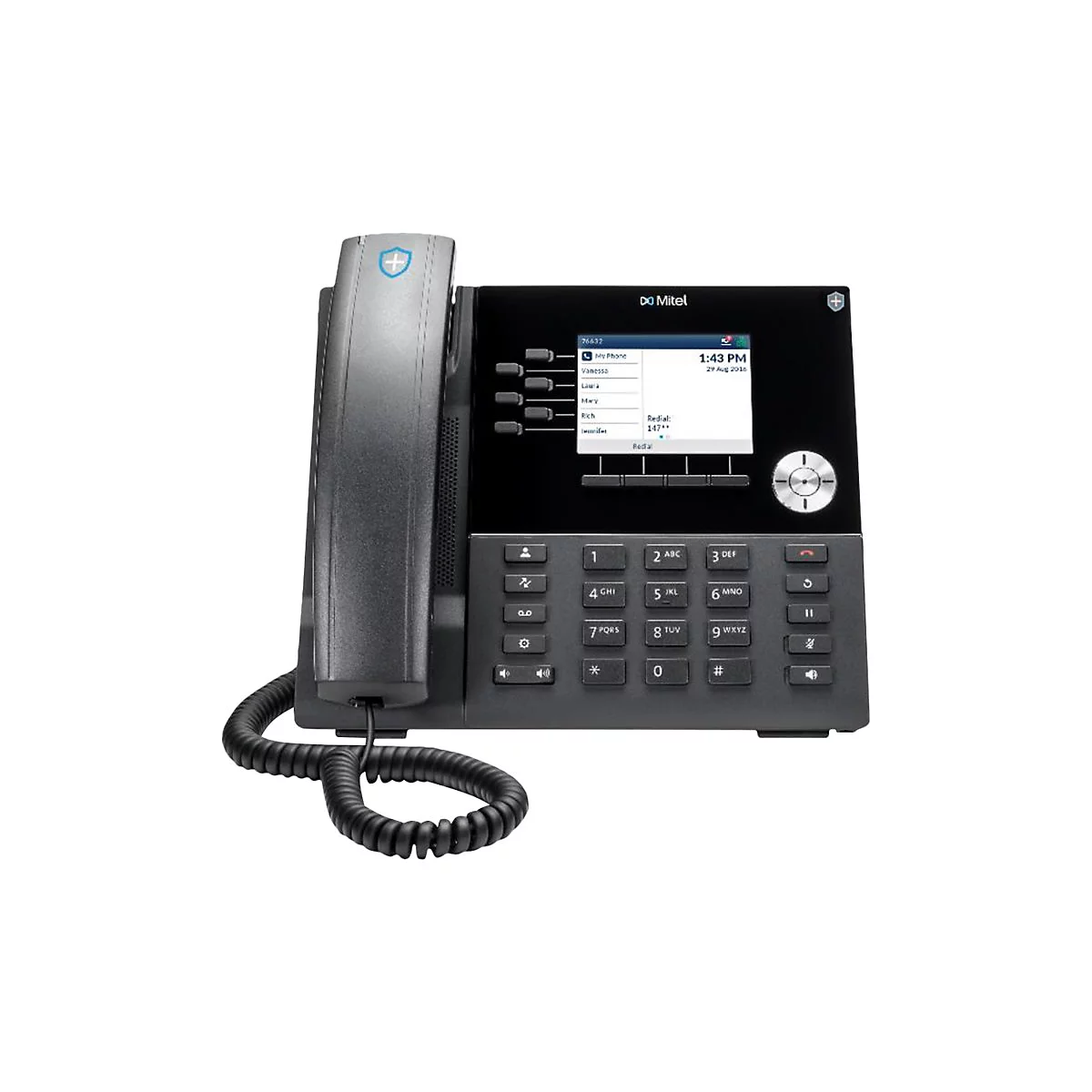 Schwarzes Mitel-IP-Telefon mit Display, Ziffernblock und Hörer vor weißem Hintergrund.