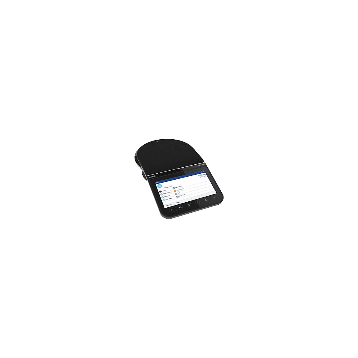Schwarzes Konferenztelefon von Mitel mit Touchscreen und Lautsprechergitter vor weißem Hintergrund.