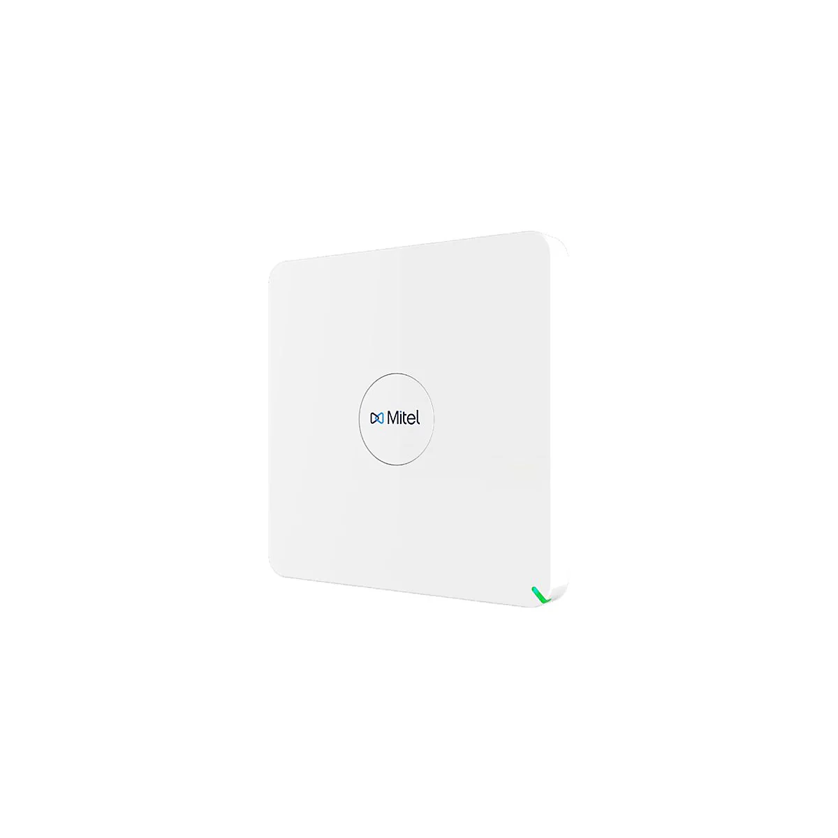 Quadratischer, weißer Mitel Access Point mit mittigem Logo und grüner Statusleuchte.