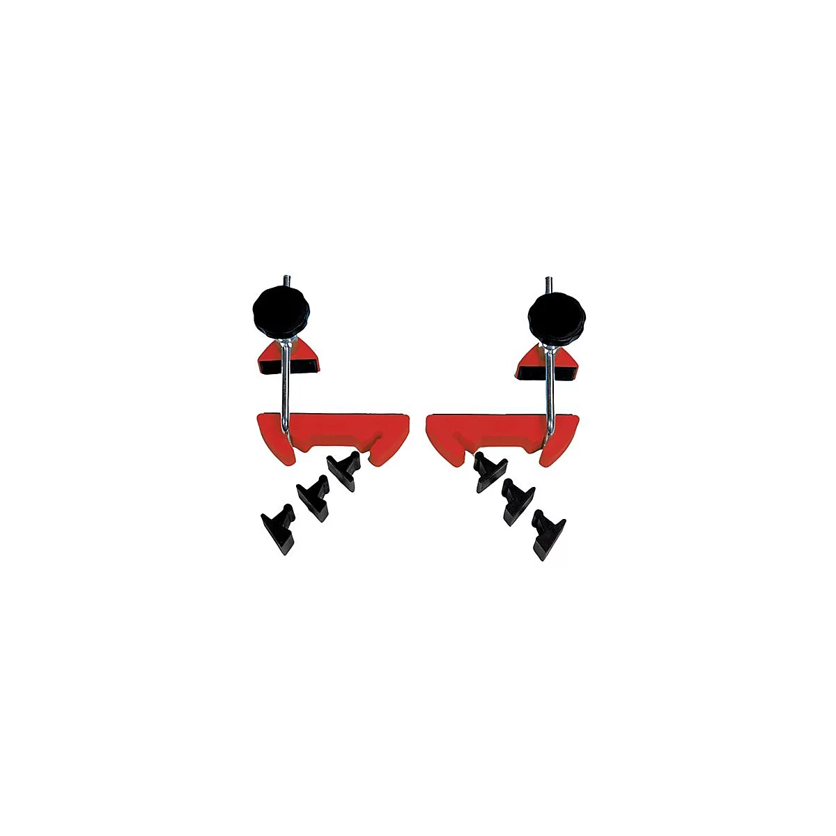 Two red and black clamps with black knobs. Next to them are black plastic parts.