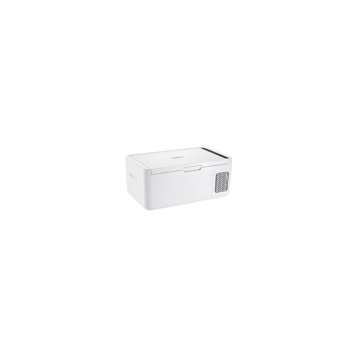 Weiße, kompakte elektrische Kühlbox mit glatter Oberfläche und Lüftungsgitter an der Seite auf weißem Hintergrund.
