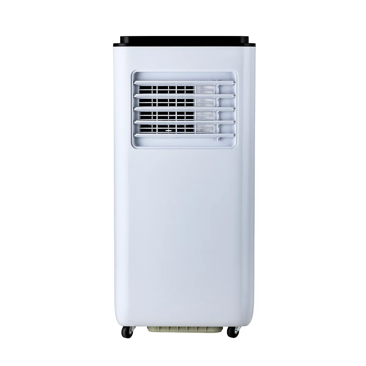 Witte, mobiele airconditioning. Lamellenroosters, wielen onderaan.
