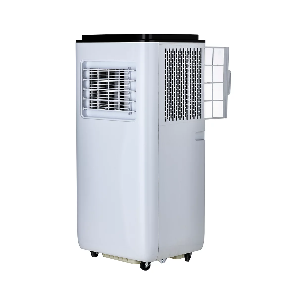 Witte mobiele airconditioner met ventilatieopeningen en een uitneembaar filter. Staat op wielen.