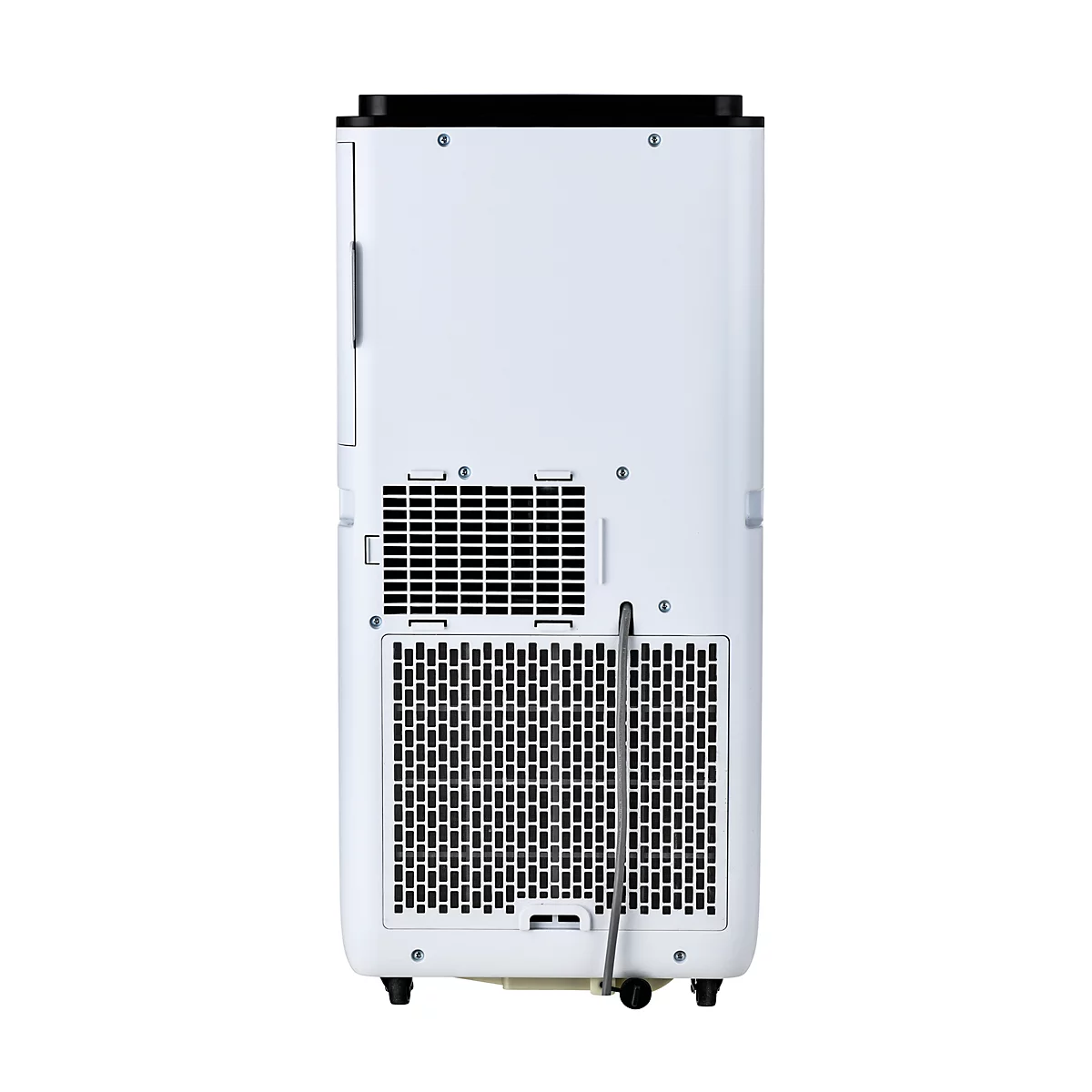 Achteraanzicht van een witte airconditioner met een zwarte bovenkant en ventilatieroosters. Een zilveren buis loopt naar beneden.