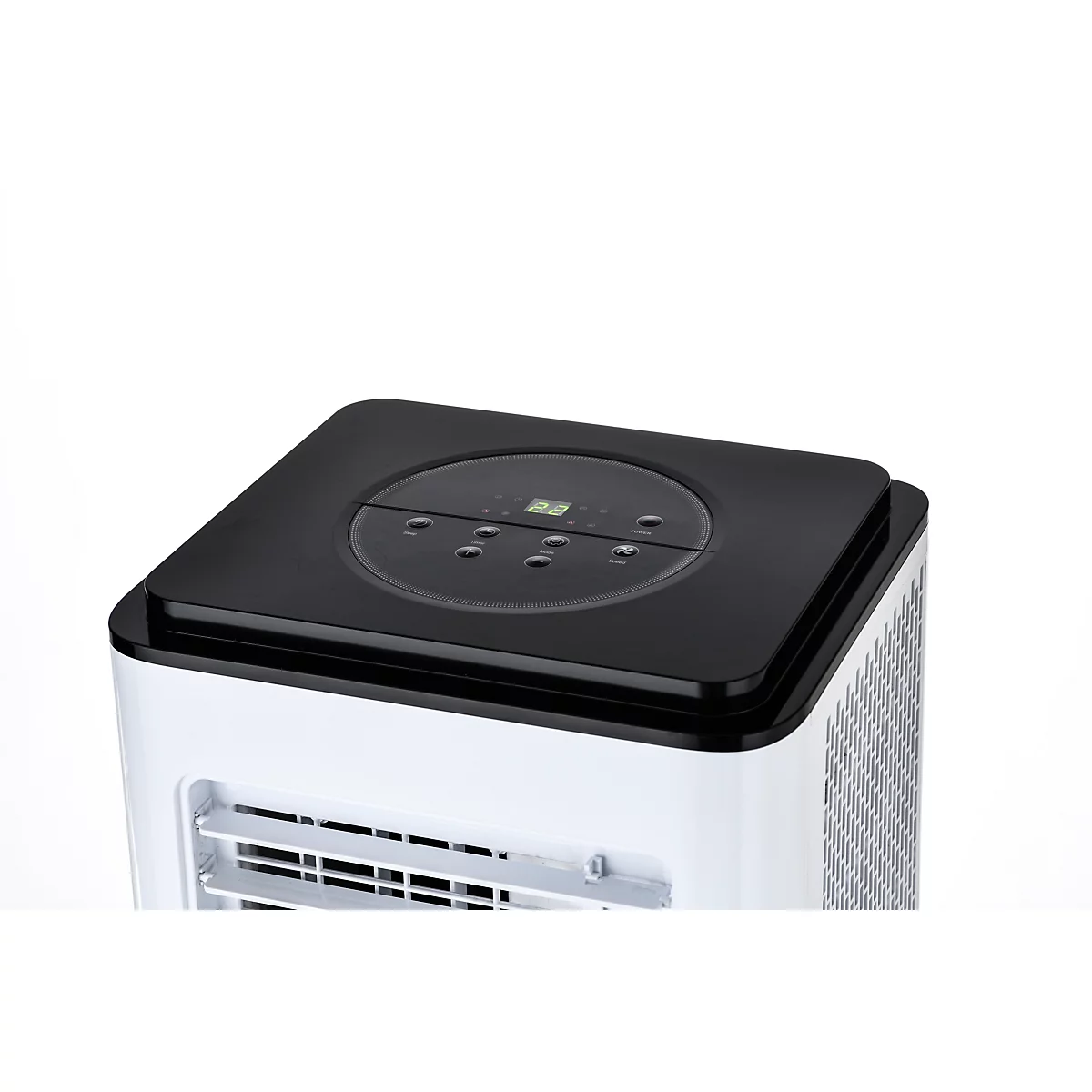 Close-up van een wit, zwart airconditioner met display.