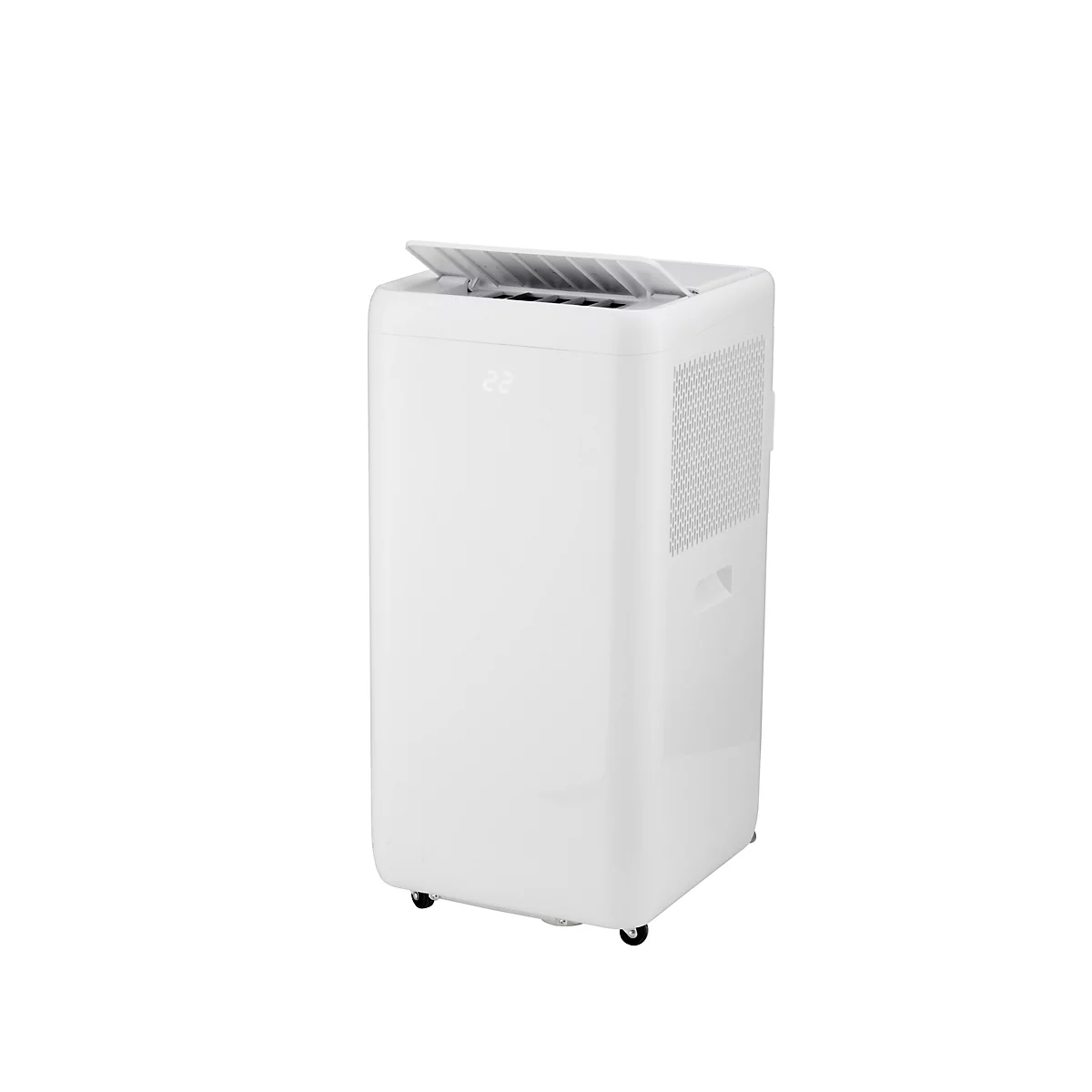 Witte airconditioner met open klep, wielen en ventilatiesleuven aan de zijkant.