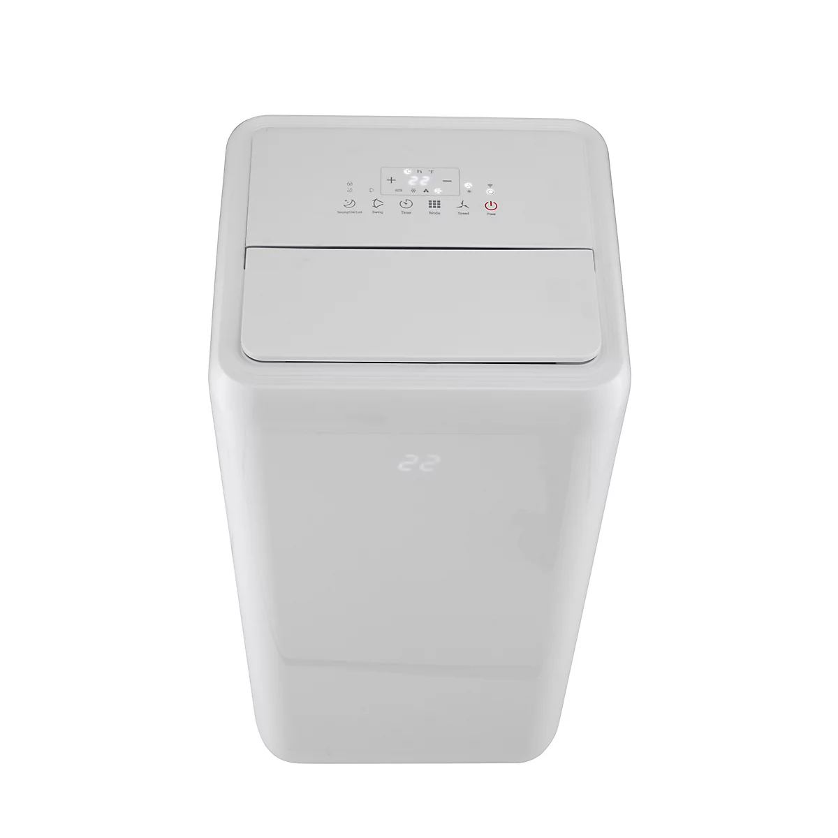 Lichtgrijze airconditioner met bedieningspaneel aan de bovenkant en temperatuurweergave aan de onderkant. Het is gefotografeerd vanuit een vogelperspectief.