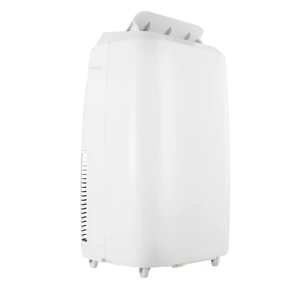 Witte mobiele airconditioningkoeler met wielen en ventilatiesleuven.