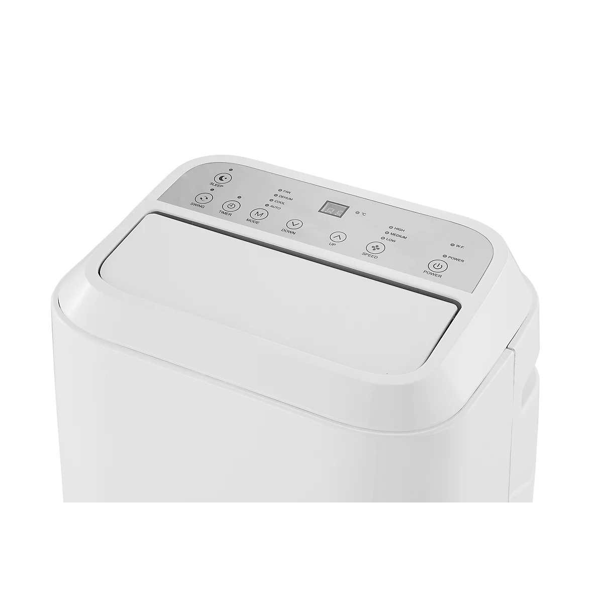 Close-up van een witte airconditioning unit. Knoppen en een klein display zijn zichtbaar aan de bovenkant.