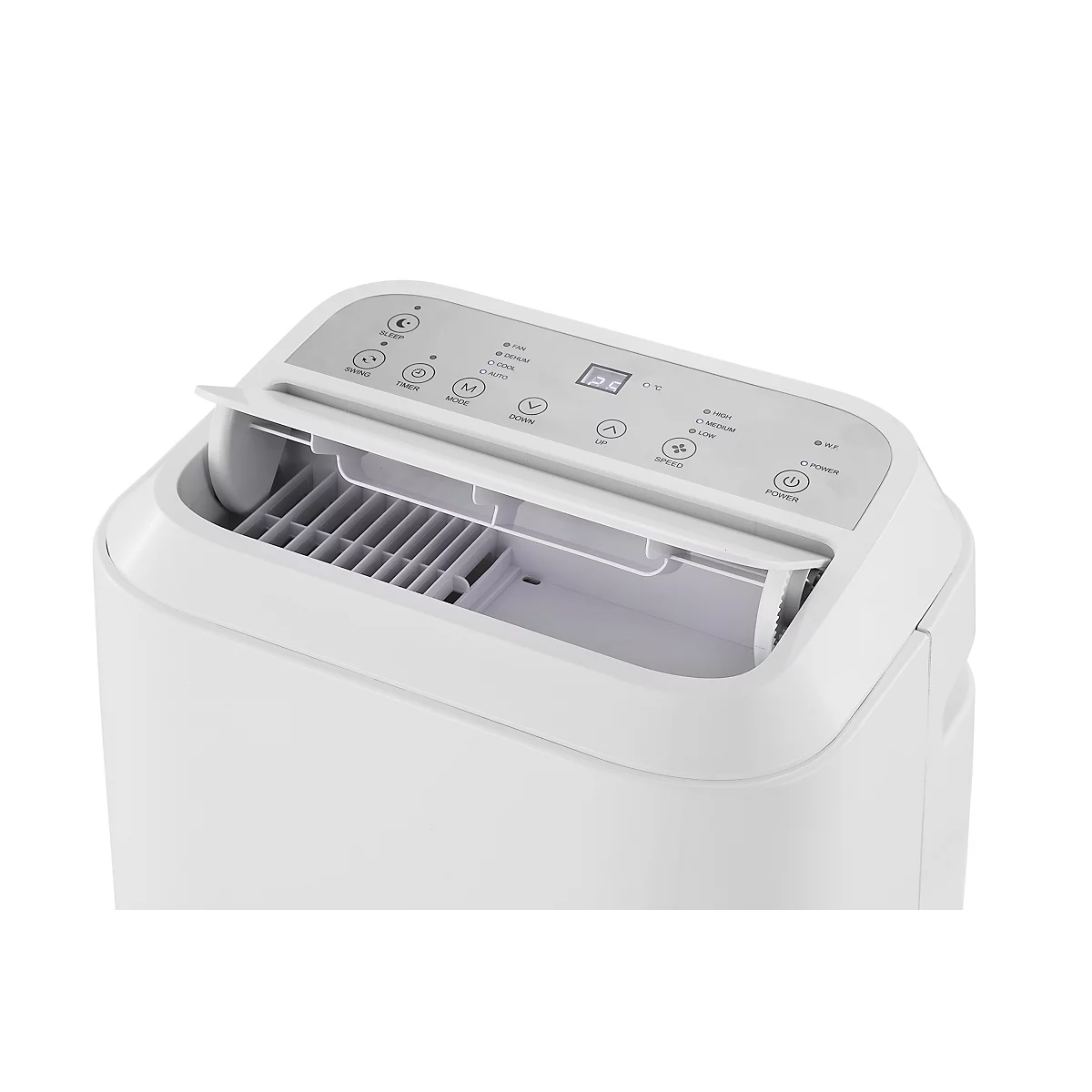 Close-up van een witte luchtontvochtiger met een bedieningspaneel met knoppen en een klein display. Het compartiment is open.