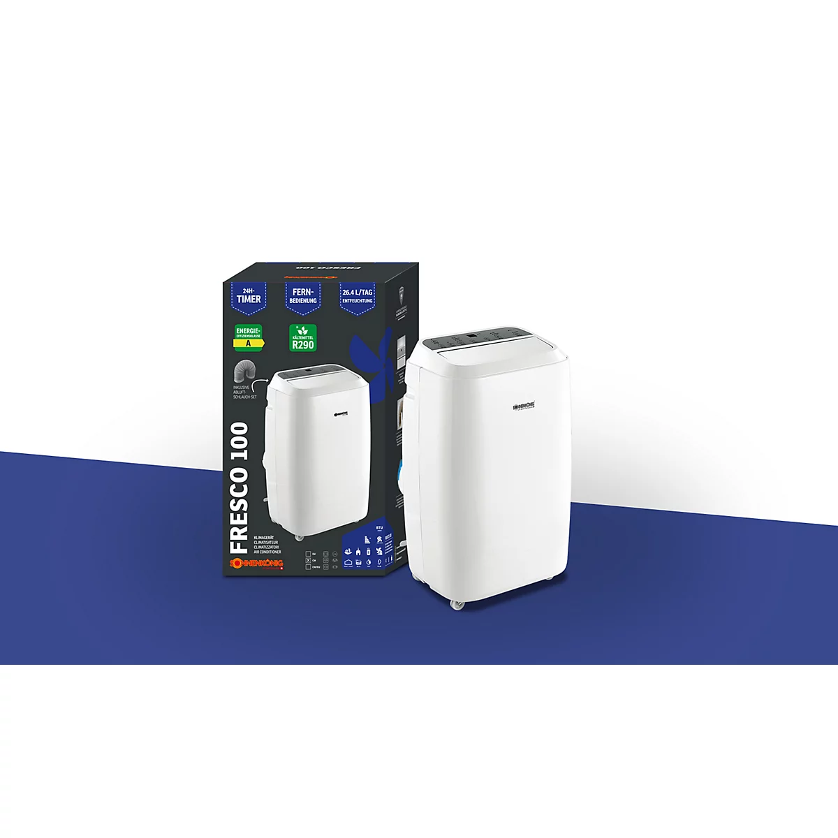 Een witte draagbare airconditioner met productverpakking ernaast, tegen een blauw-witte achtergrond.