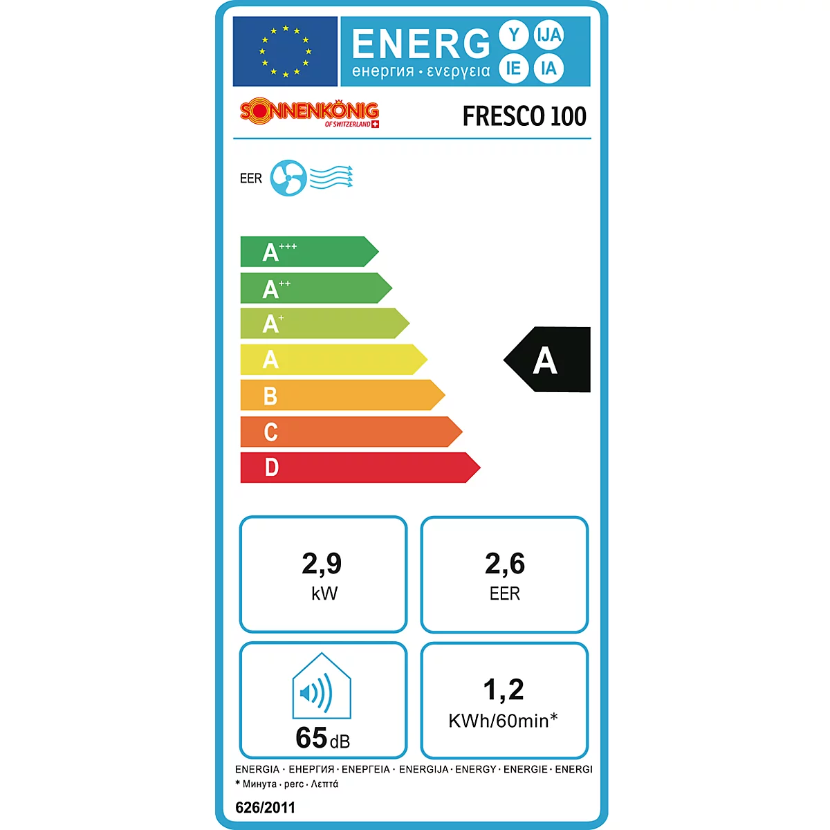 Energielabel voor een apparaat met de volgende gegevens: Energie-efficiëntie A, 2,9 kW, 2,6 EER, 65 dB en 1,2 kWh/60min.