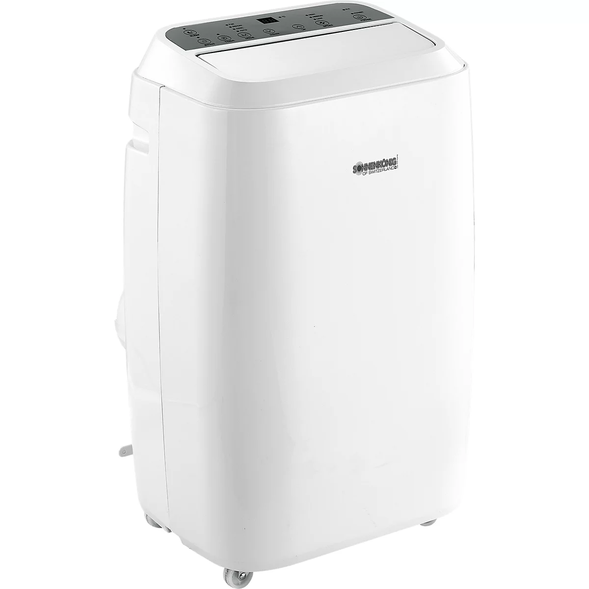 Witte airconditioner met bedieningspaneel bovenop. Op wielen, logo op de voorkant.