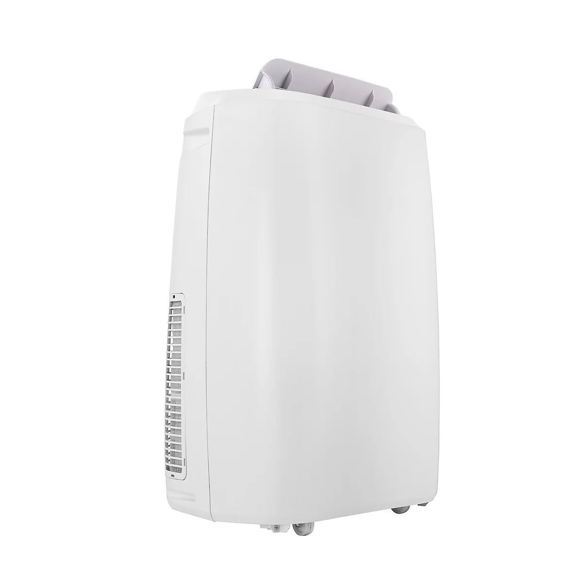 Witte rechthoekige airconditioner, zijaanzicht. Grijs handvat aan de bovenkant, rollers aan de onderkant.