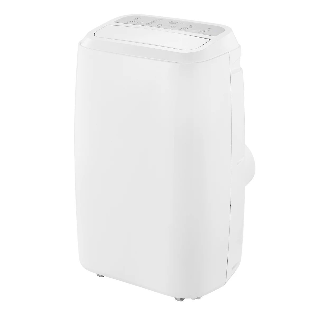 Close-up van een witte draagbare airconditioner. Bedieningselementen bevinden zich aan de bovenkant. Een uitlaat is zichtbaar aan de zijkant.