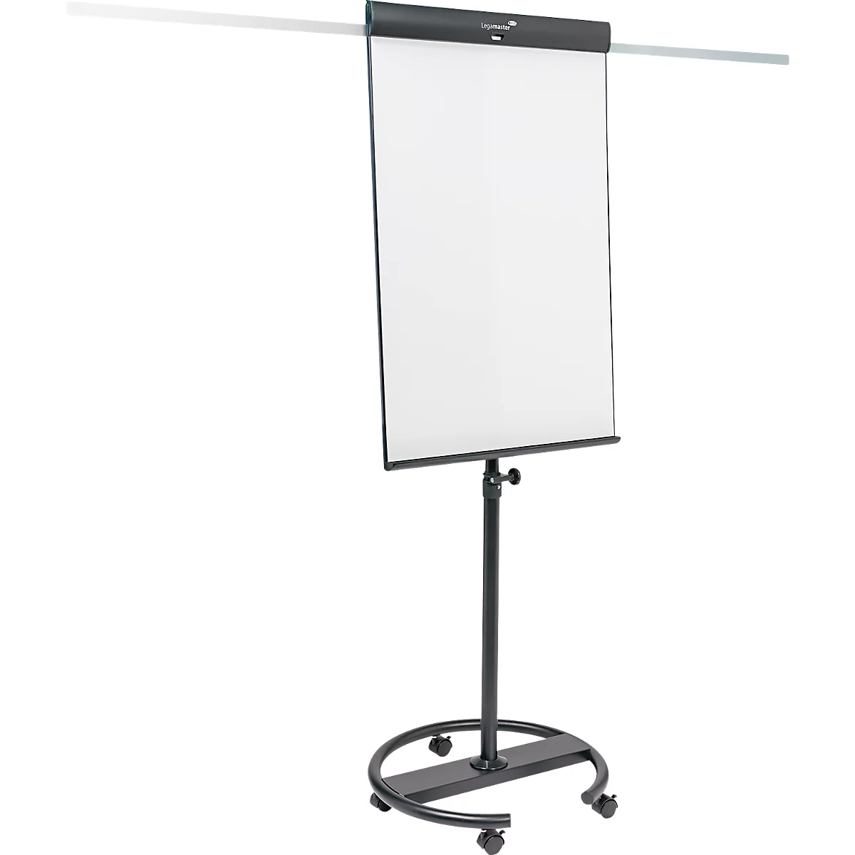 Mobiele flip-over Legamaster Sketch Pro, magnetisch bord, in hoogte verstelbaar, 2 zijarmen, ronde voet, incl. startset, B 680 x H 1050 mm, zwart en wit