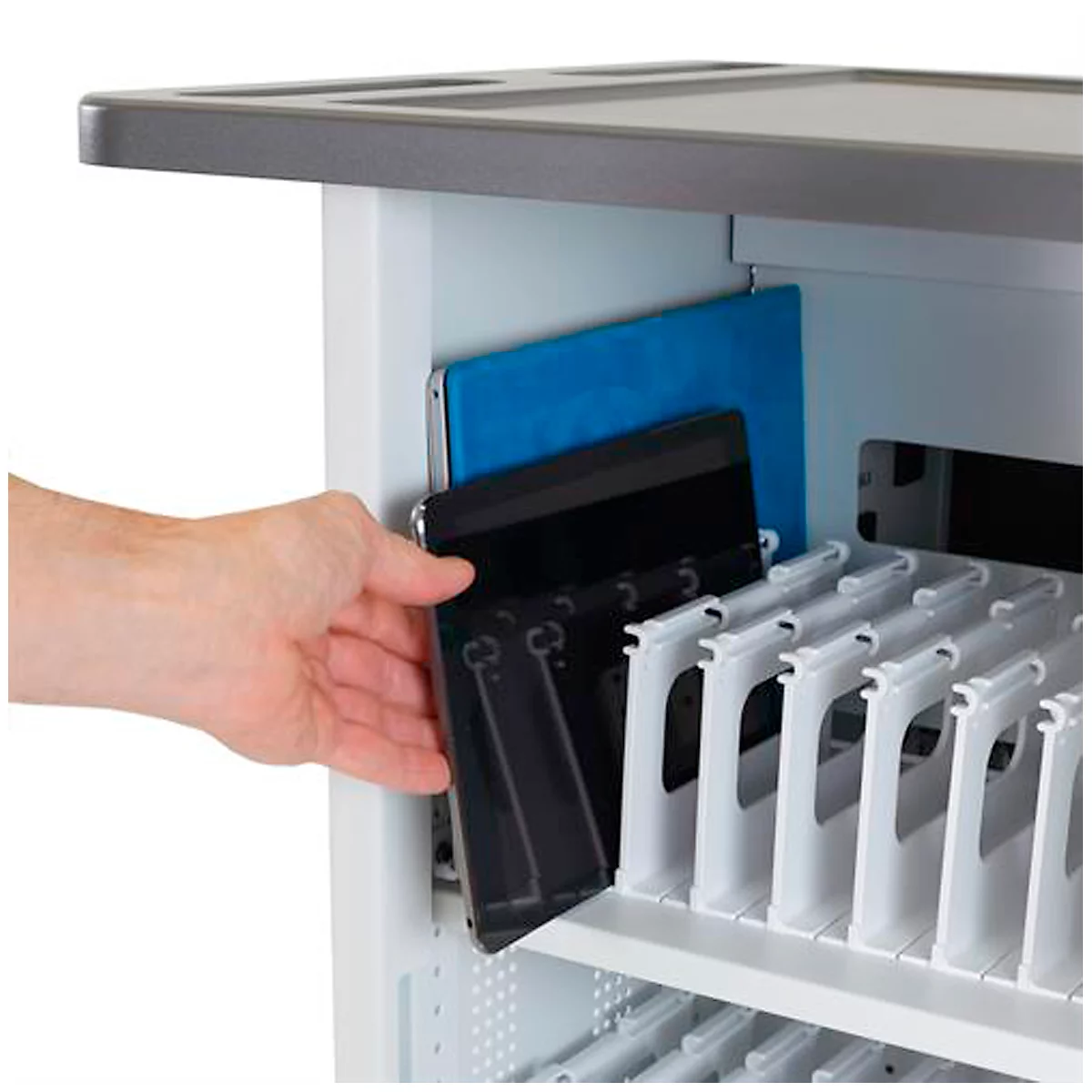Mobiele oplaadwagen ergotron® YES35, tot 35 tablets, smartphones &amp; e-readers, verstelbare rekken, 4 compartimenten, 12,7 kg per compartiment, B 620 x D 600 x H 1170 mm