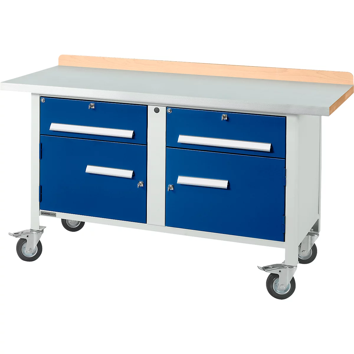 Mobiele werkbank Schäfer Shop Select PWi 150-0, multiplex beuken blad, met stalen afdekking, tot 400 kg, B 1500 x D 700 x H 840 mm