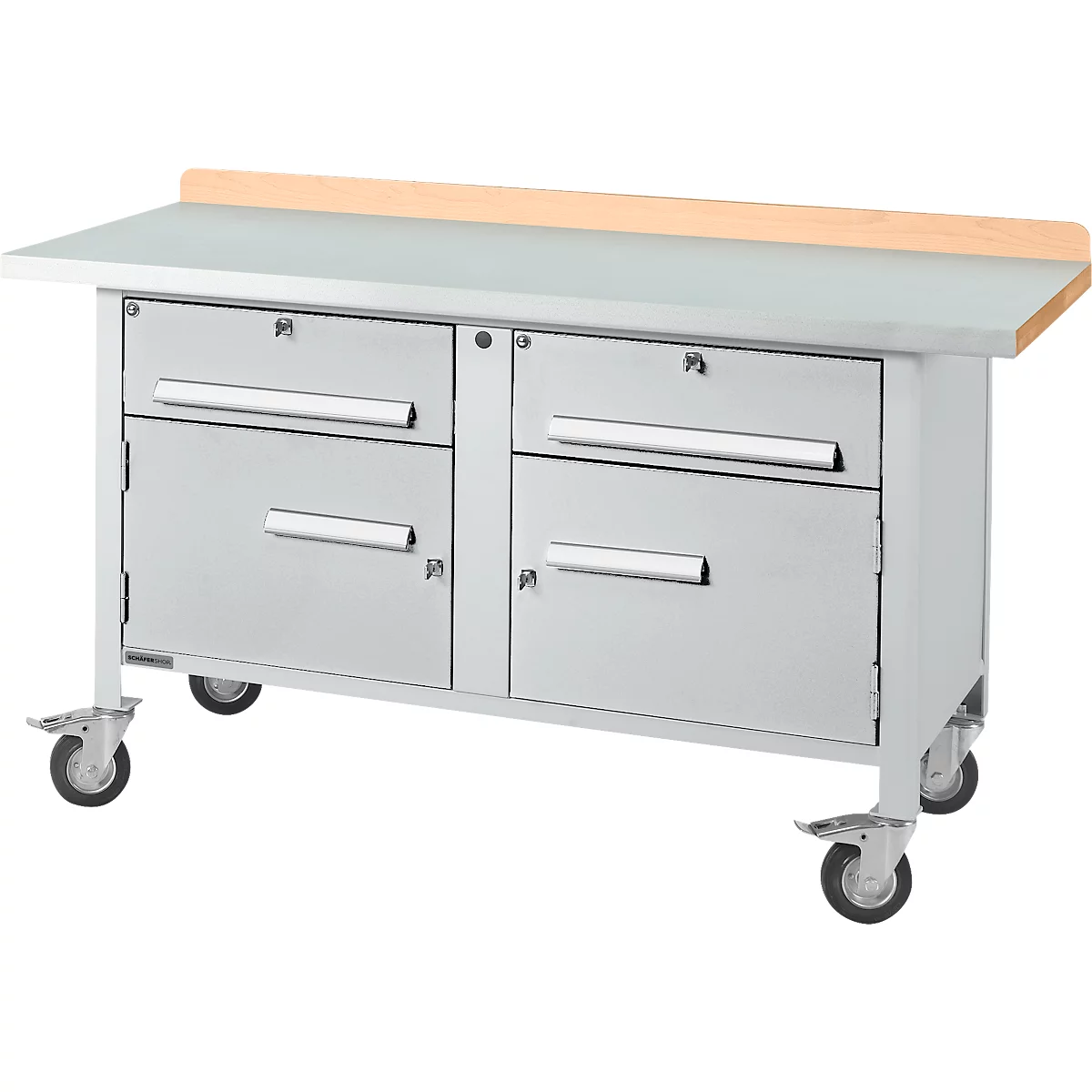 Mobiele werkbank Schäfer Shop Select PWi 150-0, multiplex beuken blad, met stalen afdekking, tot 400 kg, B 1500 x D 700 x H 840 mm