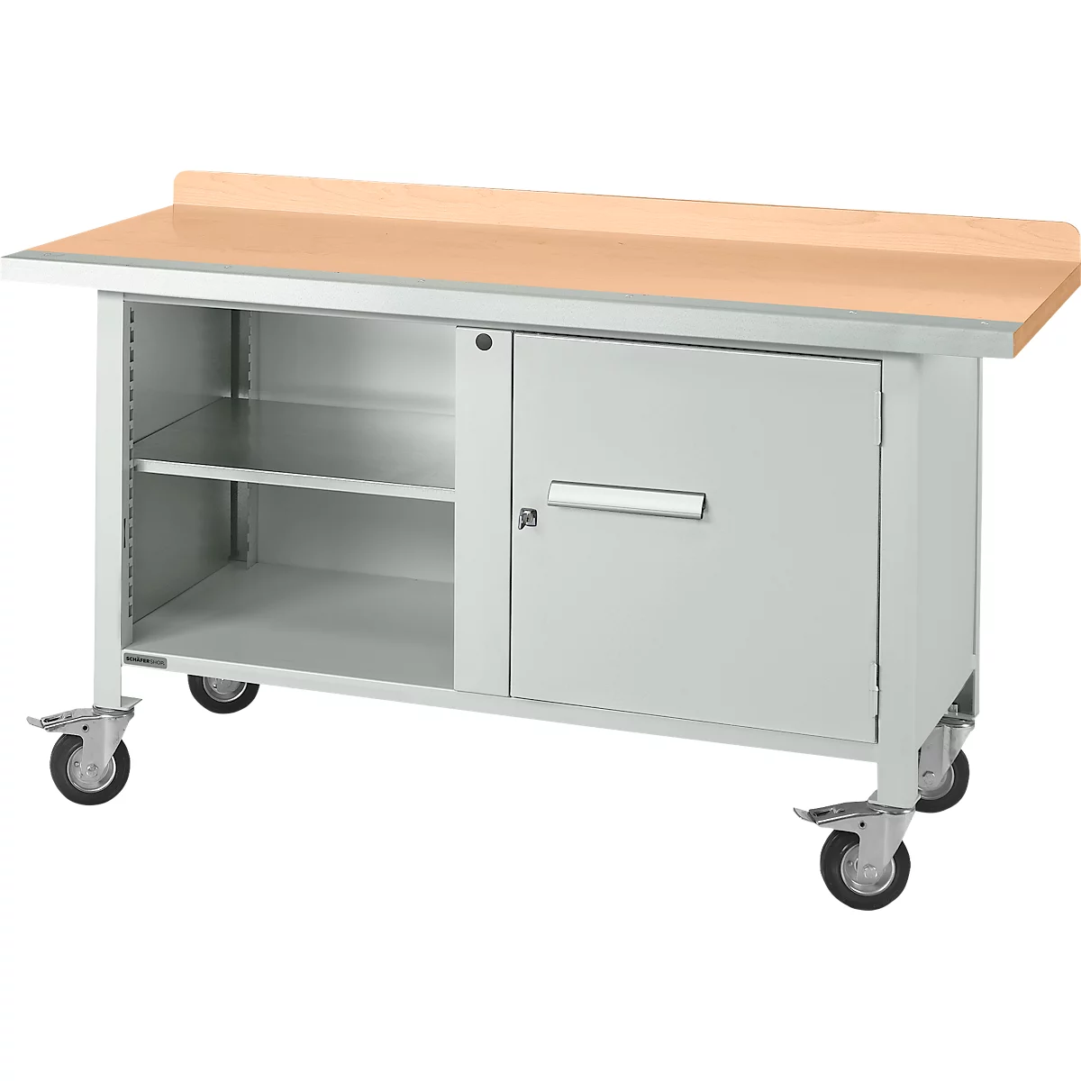 Mobiele werkbank Schäfer Shop Select PWi 150-1, beuken multiplex blad, met stalen rand, tot 400 kg, B 1500 x D 700 x H 840 mm