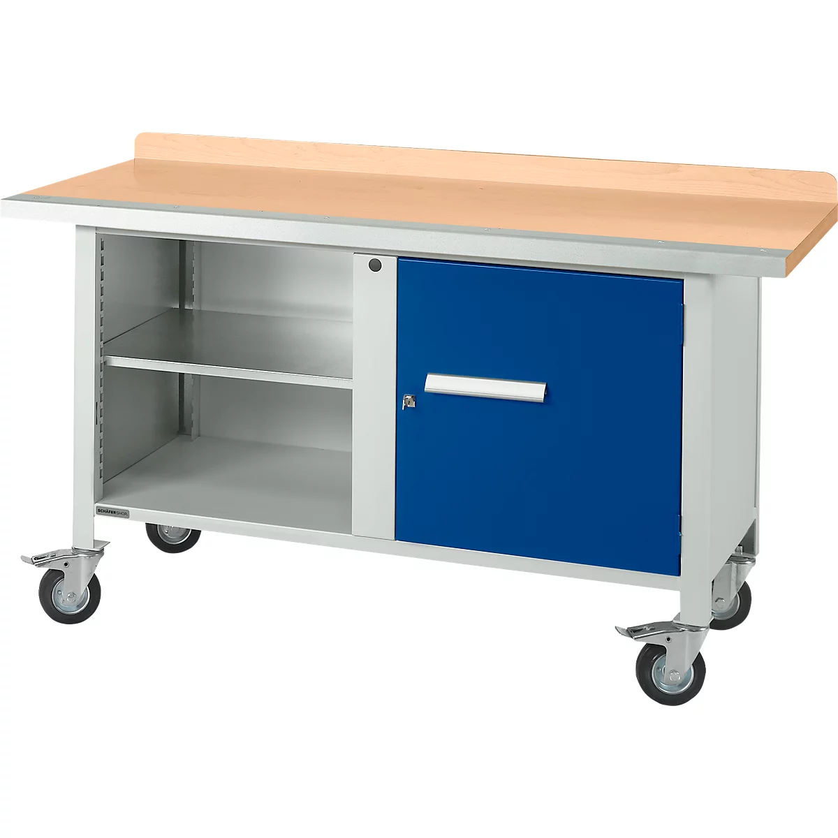 Mobiele werkbank Schäfer Shop Select PWi 150-1, beuken multiplex blad, met stalen rand, tot 400 kg, B 1500 x D 700 x H 840 mm