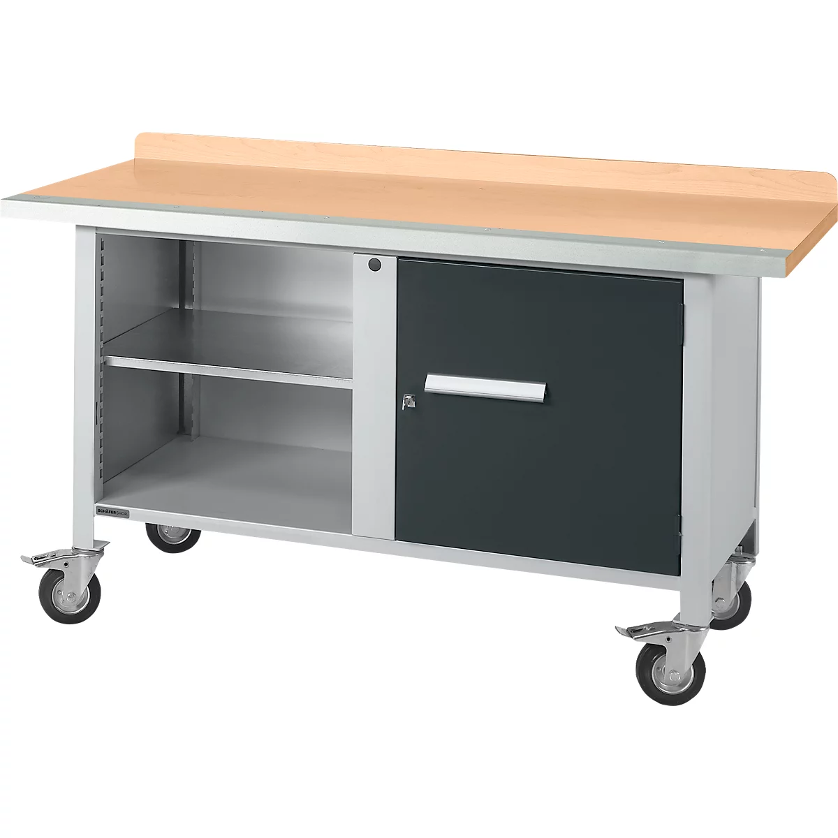 Mobiele werkbank Schäfer Shop Select PWi 150-1, beuken multiplex blad, met stalen rand, tot 400 kg, B 1500 x D 700 x H 840 mm