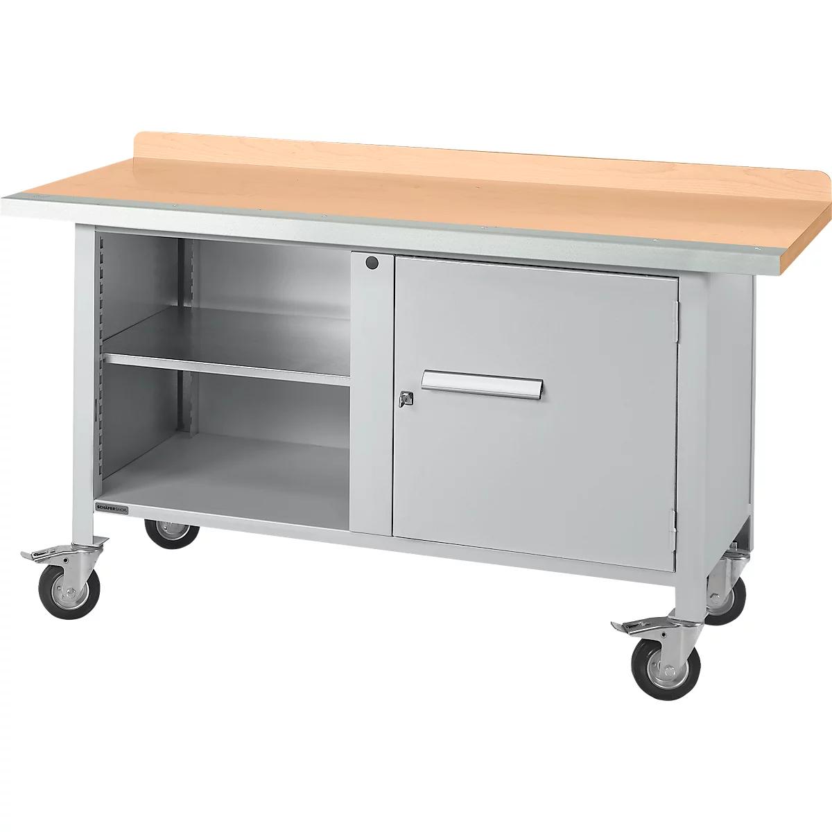 Mobiele werkbank Schäfer Shop Select PWi 150-1, beuken multiplex blad, met stalen rand, tot 400 kg, B 1500 x D 700 x H 840 mm